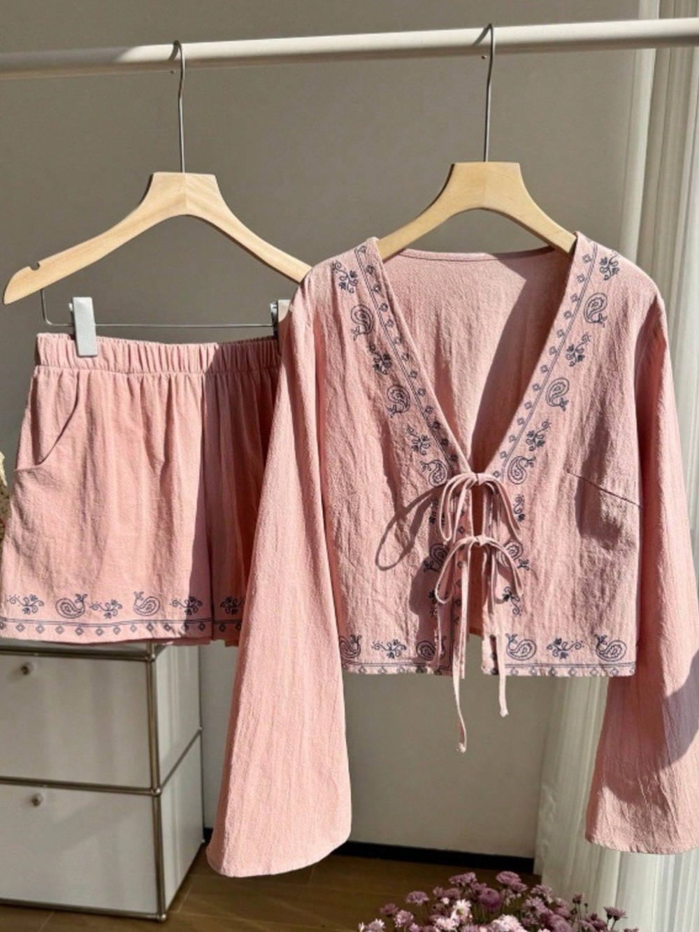 💗Hello Gorgeous! COTTON Embroidered Tie-Front Top and Pants Set- Pink